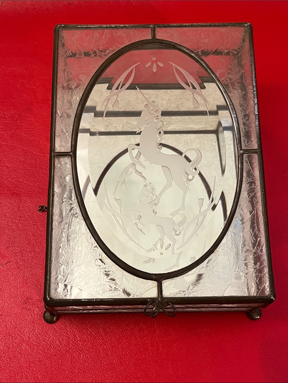 Glass jewelry box with Unicorn a bevel Etched Glass